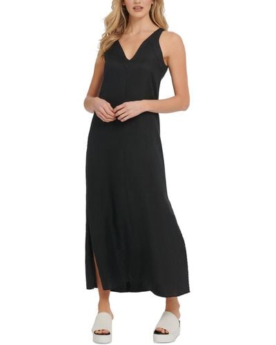 DKNY Linen V-neck Maxi Dress - Black