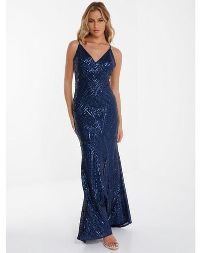 Quiz Sequin Strappy Evening Dress - Blue