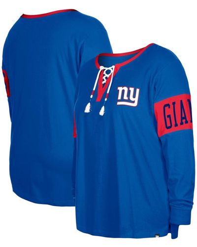 KTZ New York Giants Plus Size Lace-up Notch Neck Long Sleeve T-shirt - Blue