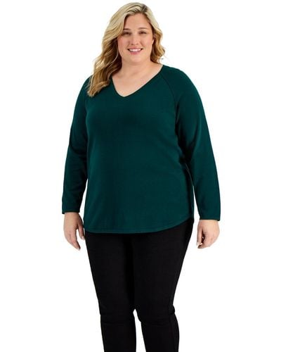 Karen Scott Plus Size Cotton V-neck Curved-hem Sweater - Green