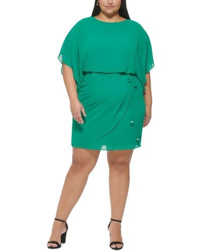Jessica Howard Plus Size Boat-neck Blouson Faux-wrap Dress - Green