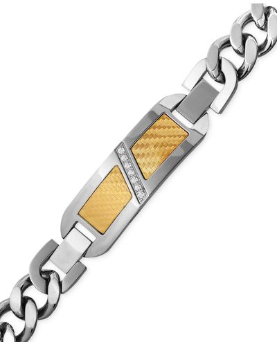 Macy's Men's Diamond (1/10 Ct. T.w.) Decorative Plate Heavy Link Bracelet In Stainless Steel With 18k Gold Inlay - Metallic
