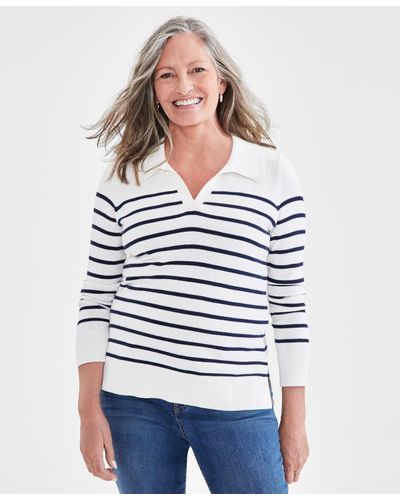 Style & Co. Striped Collared Tunic Sweater - White