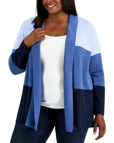Karen Scott Plus Size Colorblocked Open-front Cardigan - Blue