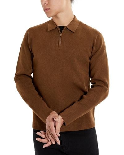 Kenneth Cole Slim-fit Zip-placket Long Sleeve Polo Sweater - Brown