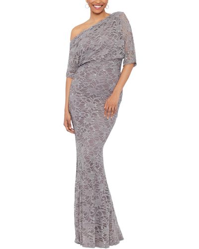Betsy & Adam Sequined Lace Asymmetric-neck Gown - White