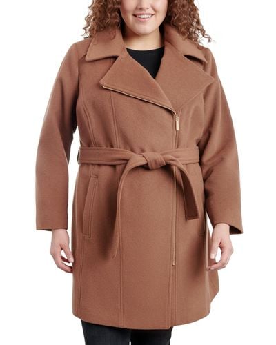 Michael Kors Plus Size Asymmetric Belted Wrap Coat - Brown