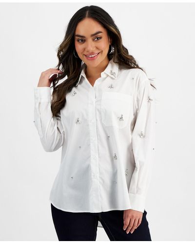 INC International Concepts Petite Rhinestone Shirt - White