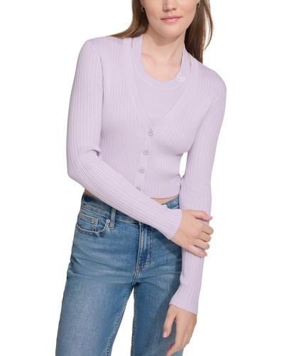 Calvin Klein Ribbed Button-down Cropped Cardigan Sweater - Purple
