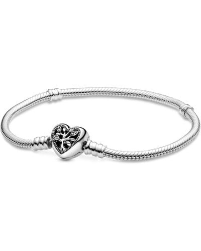 PANDORA Moments Cubic Zirconia Family Tree Heart Clasp Snake Chain Bracelet - Metallic