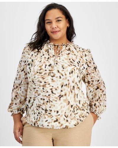 BarIII Plus Size Printed Tie-neck Blouse - Brown