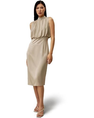LILYSILK Pleated Sleeveless Midi Silk Dress - Natural