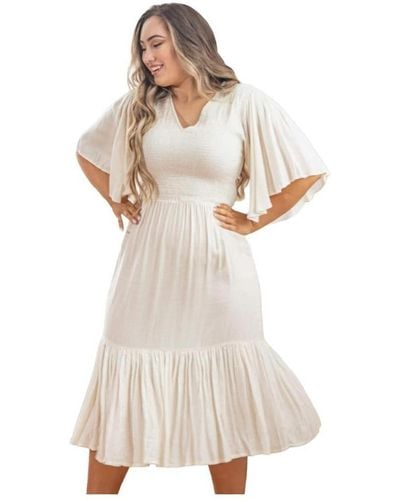 Dani Marie Plus Size Flutter Sleeve Smocked Cleo Midi Dress - Natural