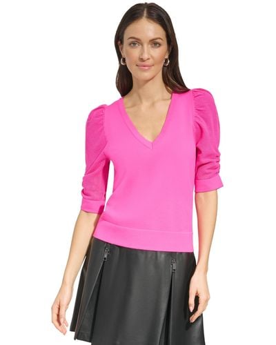 DKNY Puff-sleeve V-neck Sweater - Pink