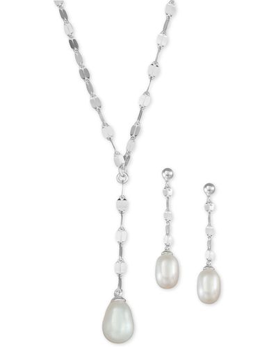 Macy's 2-pc. Set Cultured Freshwater Pearl (7 X 9mm) Lariat Necklace & Drop Earrings In Sterling Silver - Metallic