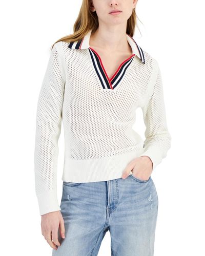 Tommy Hilfiger Cotton Collared V-neck Mesh Sweater - White