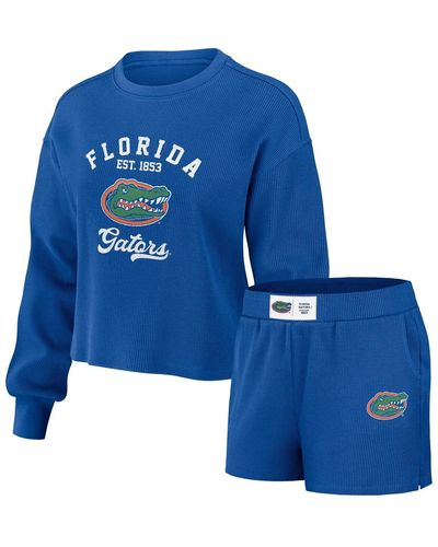 WEAR by Erin Andrews Florida Gators Waffle Knit Long Sleeve T-shirt And Shorts Lounge Set - Blue