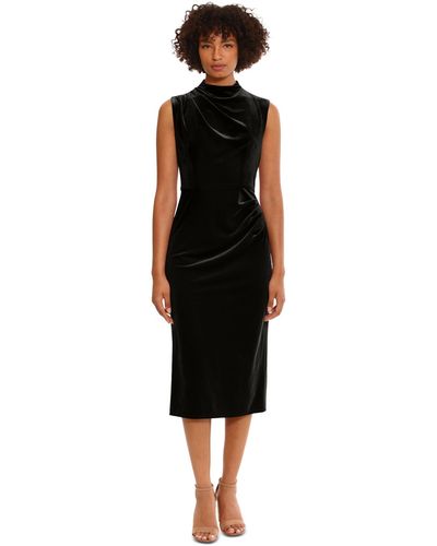 Donna Morgan Velvet Ruched Midi Dress - Black