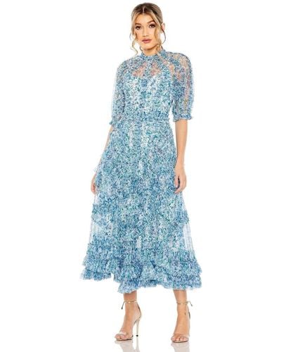 Mac Duggal Mesh Puff Sleeve Floral Print Dress - Blue