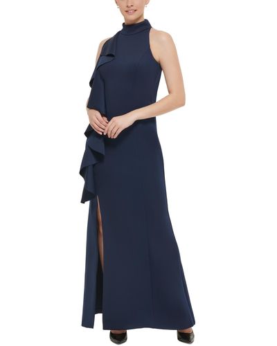 Jessica Howard Petite Ruffled Side-slit Halter Gown - Blue