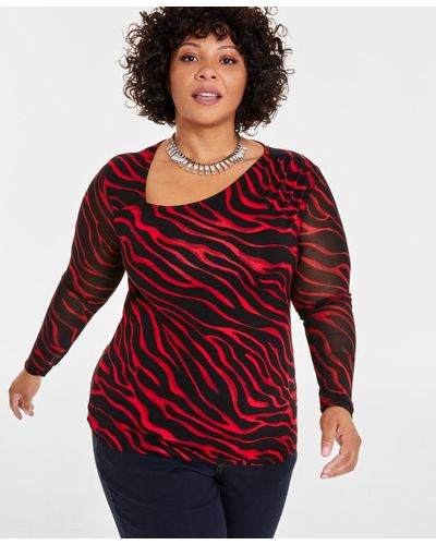 INC International Concepts Inc Plus Size Printed Asymmetrical Long-sleeve Top - Red