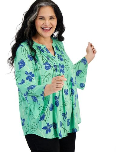 Style & Co. Plus Size Printed Pintuck Blouse - Green