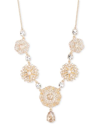 Marchesa Tone Crystal & Imitation Pearl Flower Statement Necklace - White