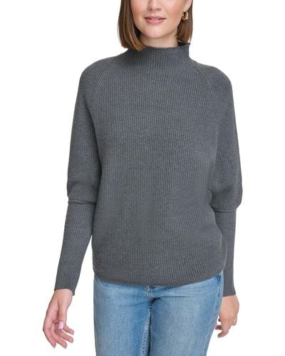 Calvin Klein Petite Raglan Long-sleeve Funnel-neck Sweater - Gray