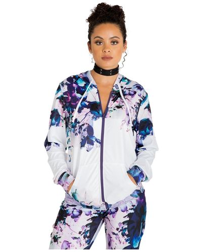 Poetic Justice Curvy Fit Active Zip-up Floral Print Poly Tricot Hoodie - Blue