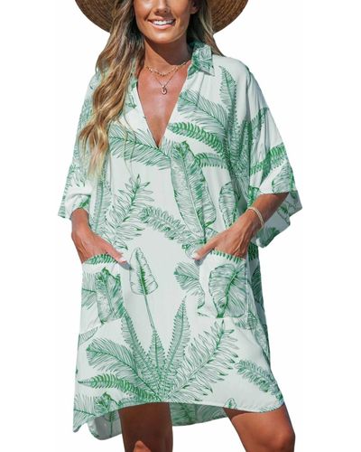 CUPSHE Green-and-white Palm Leaf Collared V-neck Cover-up