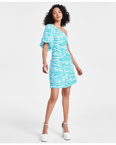 BarIII Zebra-print Puffed-sleeve Dress - Blue