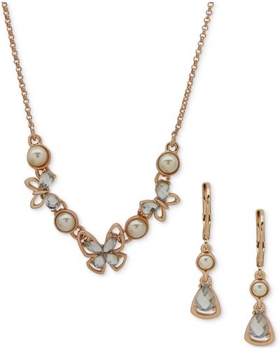 Anne Klein Gold-tone Imitation-pearl Butterfly Necklace & Drop Earrings Set - Metallic