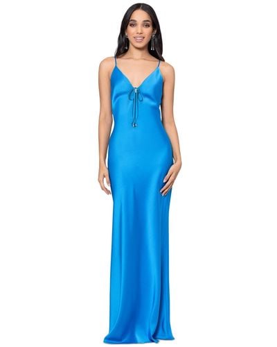 Betsy & Adam Tie-front V-neck Gown - Blue