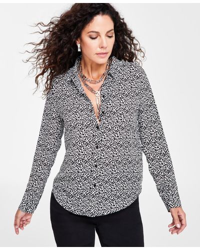 INC International Concepts Petite Printed Long-sleeve Utility Shirt, Created For Macy's - Gray