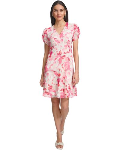 Calvin Klein Petite Printed V-neck Short-sleeve A-line Dress - Pink