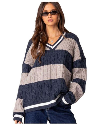Edikted Romie V Neck Cable Knit Sweater - Blue