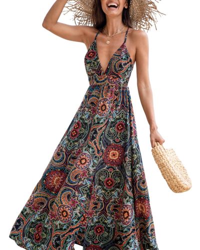 CUPSHE Floral Ornate Print Plunge Maxi Beach Dress - Red