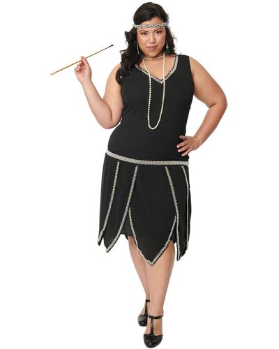 Unique Vintage Plus Size Pearl Beaded Sleeveless Petal Flapper Dress - Black