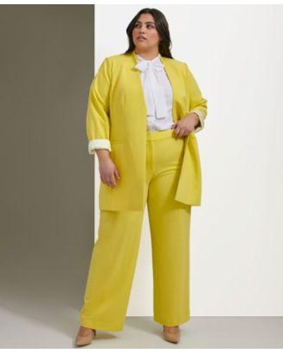 Calvin Klein Plus Size Lux Open Front Jacket Tie Neck Flutter Sleeve Top Lux Highline Tab Waist Pants - Yellow