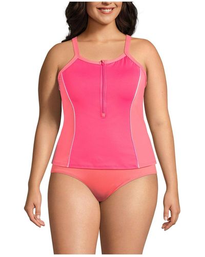 Lands' End Plus Size Chlorine Resistant High Neck Zip Front Racerback Tankini Swimsuit Top - Pink