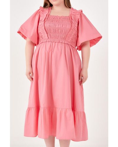 English Factory Plus Size Ruffled Smocked Midi Dress - Pink