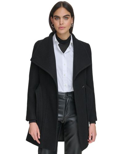 Calvin Klein Petite Asymmetrical Belted Wrap Coat - Black