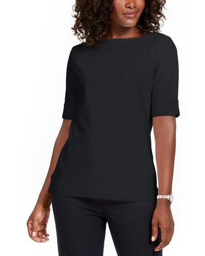 Karen Scott Cotton Boat-neck Top - Black