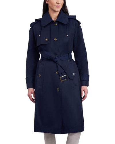 London Fog Petite Single-breasted Hooded Belted Trench Coat - Blue