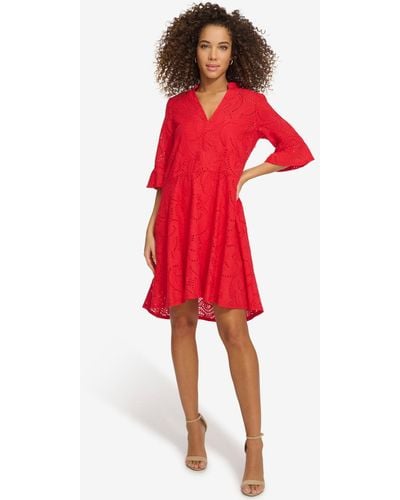 Kensie Cotton Eyelet Bell-sleeve High-low Dress - Red