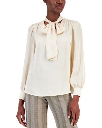 Anne Klein Petite Long Sleeve Tie Neck Blouse - White