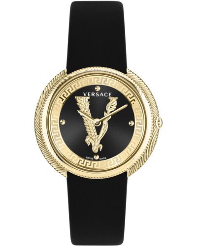 Versace Swiss Thea Black Leather Strap Watch 38mm - Metallic
