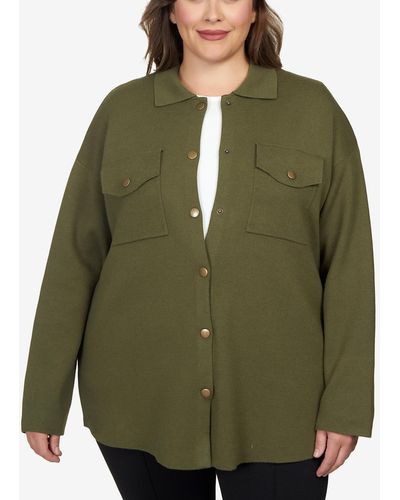 Ruby Rd. Plus Size Solid Shacket Sweater - Green