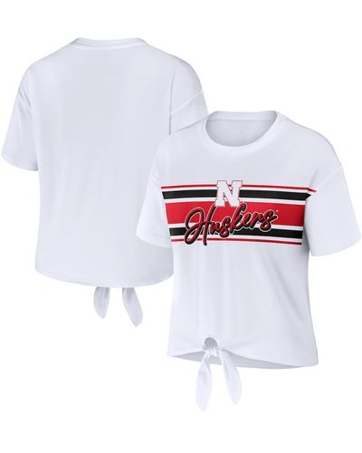 WEAR by Erin Andrews Nebraska Huskers Striped Front Knot Cropped T-shirt - White