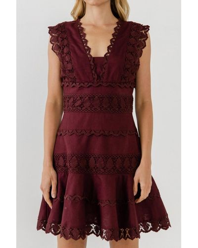 Endless Rose Plunging Neck Lace Trim Dress - Red